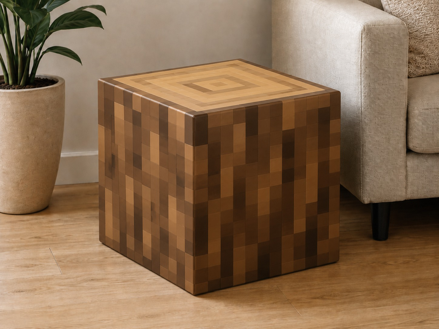 Taburete LOG_01 con acabado de madera pixelado